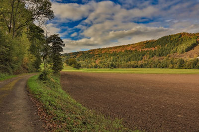 Road amidst trees and landscape against sky