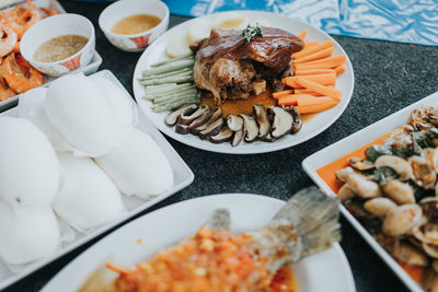 Close-up of served food in plate