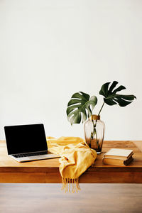 Modern workplace with laptop and books on wooden desk with green foliage in glass vase and yellow cloth against white wall