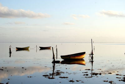 Fishing boats moored on sea against sky