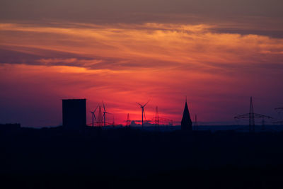 Silhouette of wind turbines during sunset