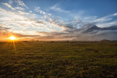 Scenic view of field against sky during sunset