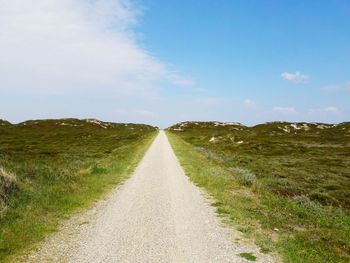 Dirt road amidst grassy field against sky on sunny day