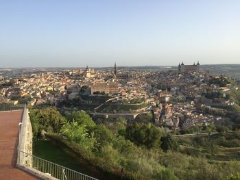 High angle view of cityscape against clear sky