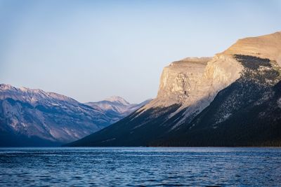 Scenic view of lake and mountains against clear sky