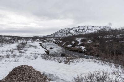 Scenic view of snow covered mountains against sky