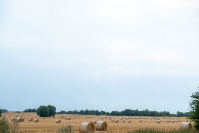 Hay bales on field against sky