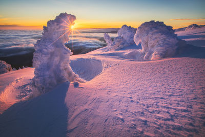 Scenic view of snowcapped landscape against sky during sunset