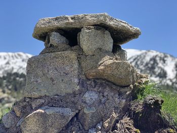 Close-up of chimney tower built of stack of rock against sky