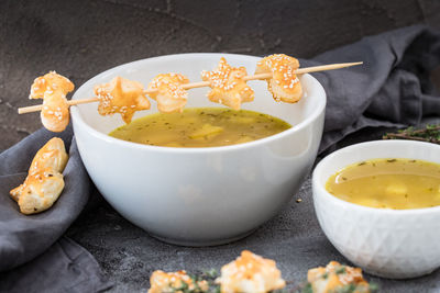 Close-up of soup in bowl on table