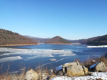 Scenic view of lake against clear blue sky