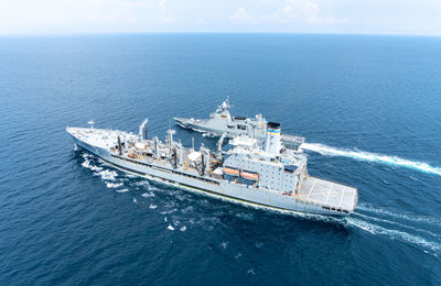 High angle view of ship in sea against sky