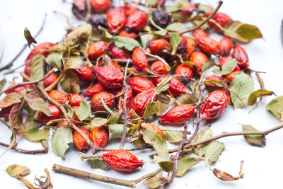 High angle view of red chili peppers in plate