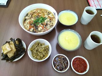 High angle view of soup in bowl