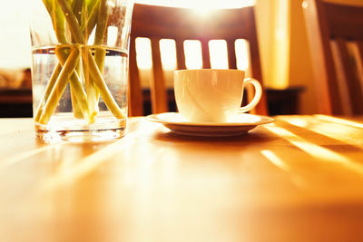 Close-up of coffee cup on table in restaurant