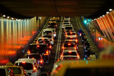 High angle view of traffic on street at night