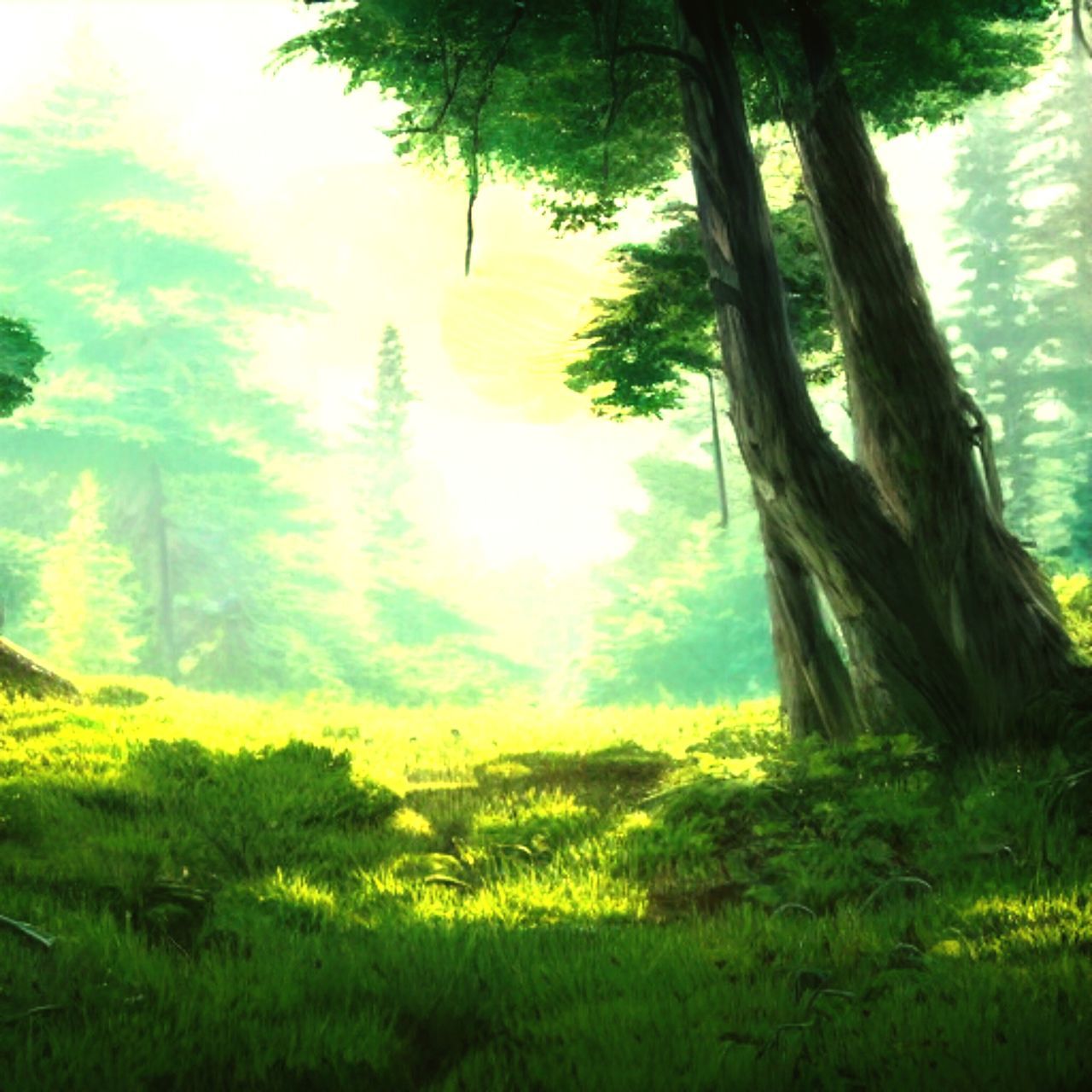 plant, tree, green, sunlight, beauty in nature, land, nature, natural environment, tranquility, growth, environment, tranquil scene, grass, forest, scenics - nature, meadow, no people, landscape, woodland, tree trunk, trunk, day, leaf, morning, non-urban scene, outdoors, painting, sky, foliage, idyllic, lush foliage, field, flower, sunbeam, branch, jungle, rural scene