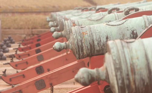 Close-up of cannons in row