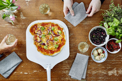 High angle view of pizza on table