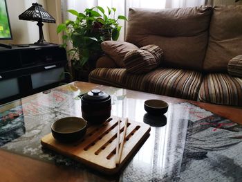 High angle view of coffee on table at home