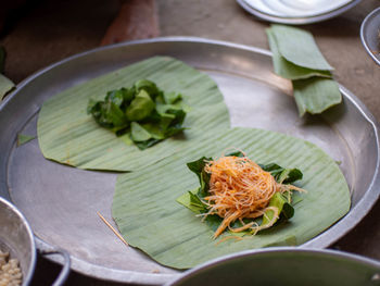 High angle view of food in plate on table