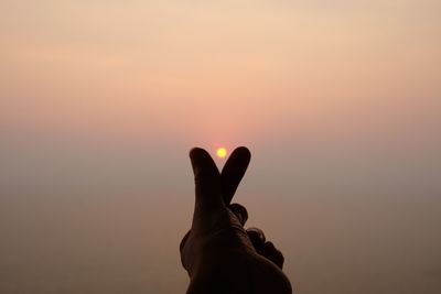 Close-up of human hand against sky during sunset