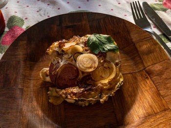 High angle view of food in plate on table