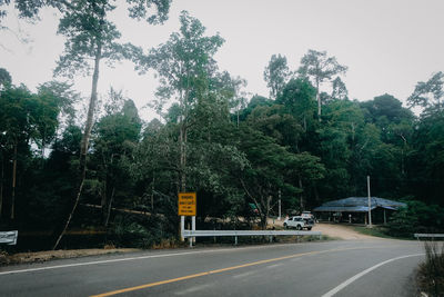 Road by trees against sky in city