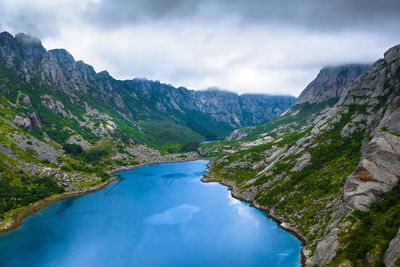 Scenic view of lake and mountains against sky