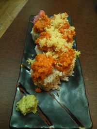 High angle view of food in plate on table