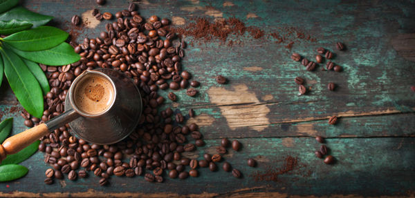 High angle view of coffee beans on table