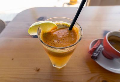 High angle view of drink on table