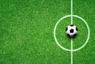 High angle view of soccer ball on field