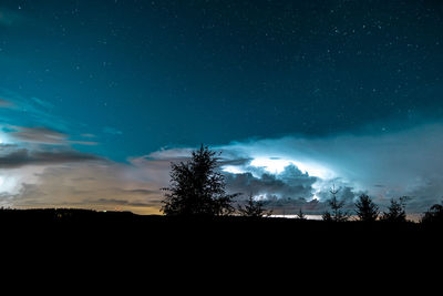 Silhouette trees on field against sky at night