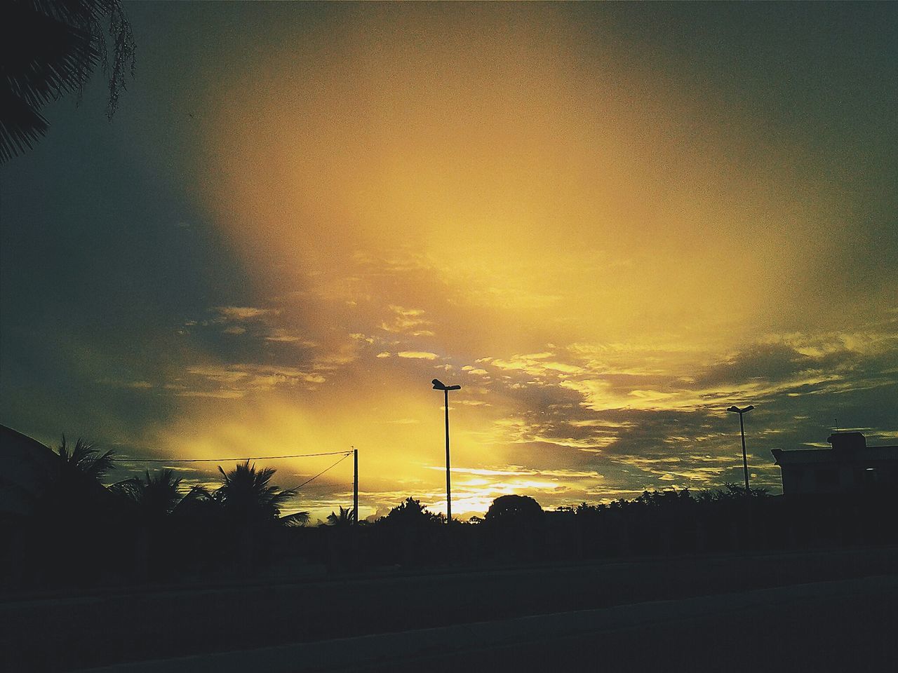 silhouette, sunset, street light, sky, tree, lighting equipment, tranquility, beauty in nature, nature, cloud - sky, scenics, sun, tranquil scene, low angle view, dusk, dark, outdoors, no people, orange color, electricity