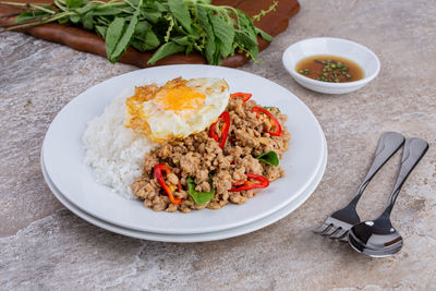 High angle view of breakfast served on table