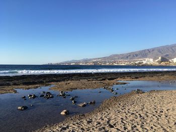 Scenic view of sea against clear blue sky