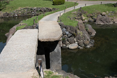 High angle view of rocks by lake