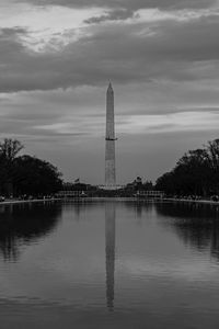 Reflection of building in lake against sky