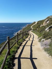 Shadow of railing on footpath by sea against clear sky