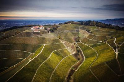 High angle view of agricultural field against sky