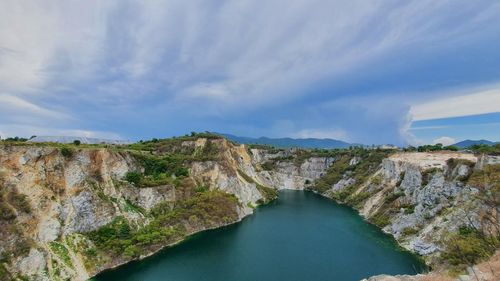 River amidst rocks against sky