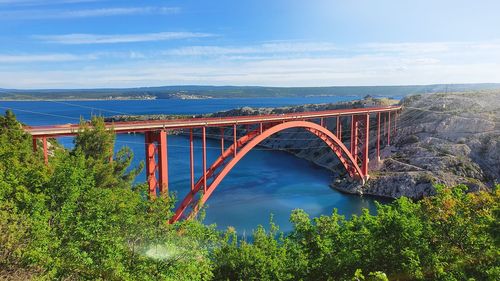 Arch bridge over river against sky