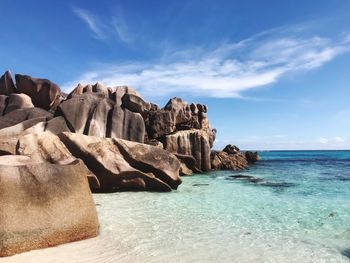 Rocks on beach against sky