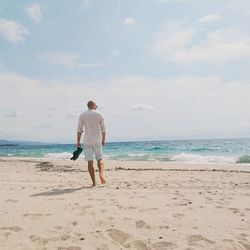 Rear view of man standing on beach against sky