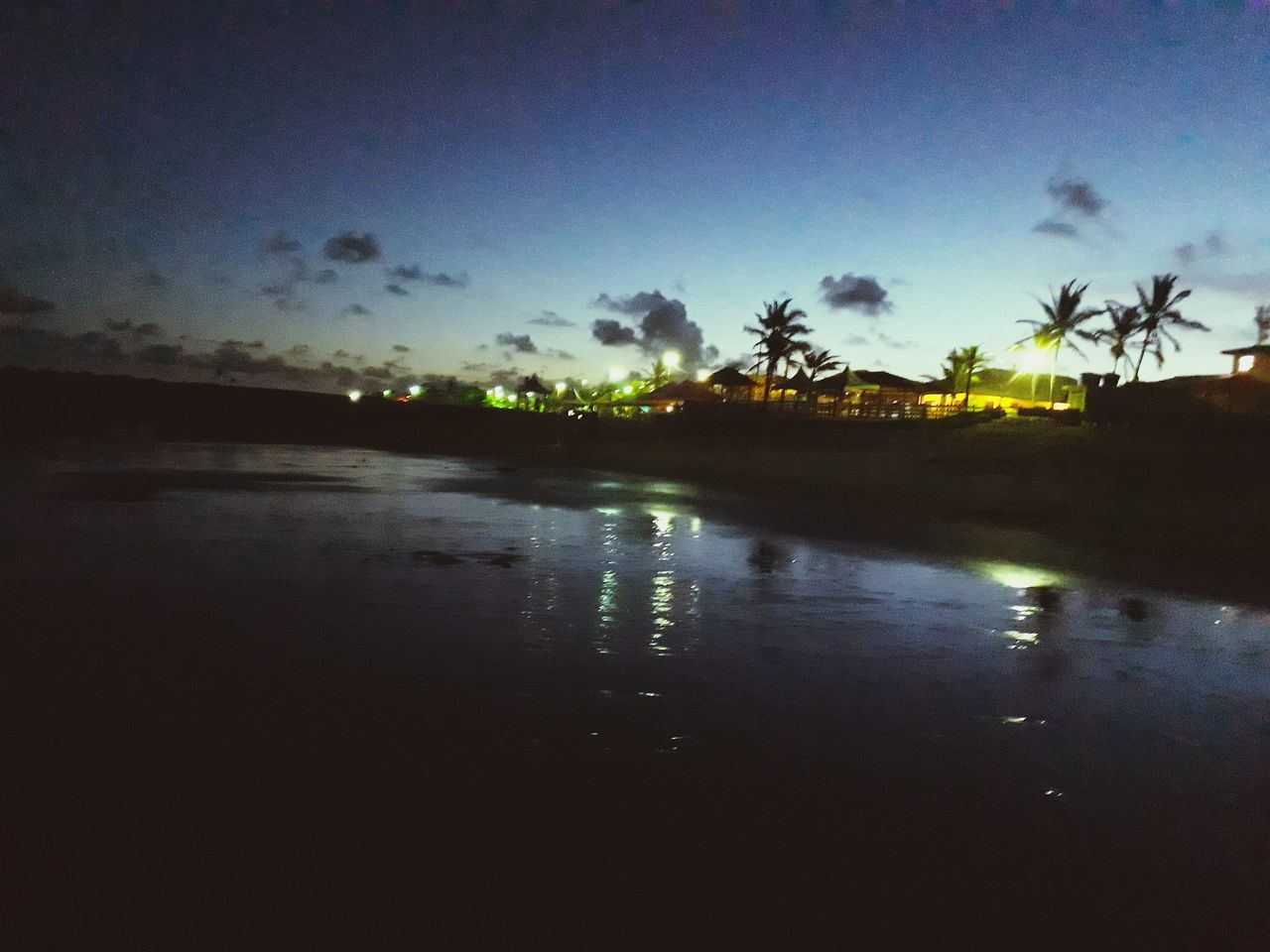 sky, water, tree, reflection, tranquility, scenics - nature, tranquil scene, beauty in nature, nature, no people, plant, sunset, silhouette, cloud - sky, tropical climate, palm tree, beach, illuminated, idyllic, outdoors, coconut palm tree