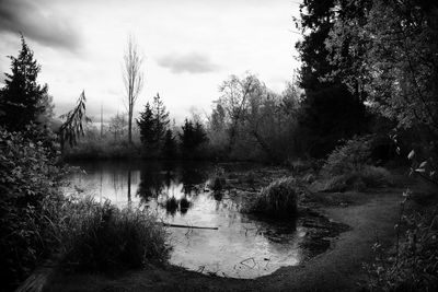 Scenic view of lake against cloudy sky