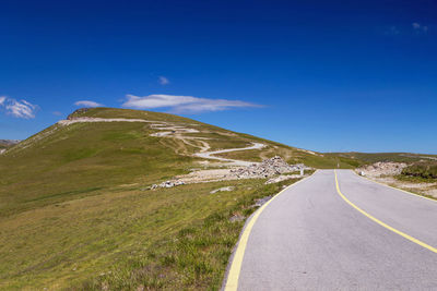 Road leading towards mountain against blue sky