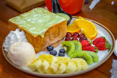 High angle view of dessert in plate on table