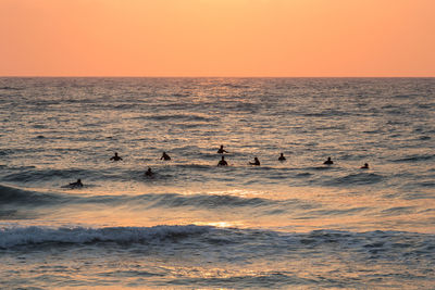 Scenic view of sea against clear sky at sunset